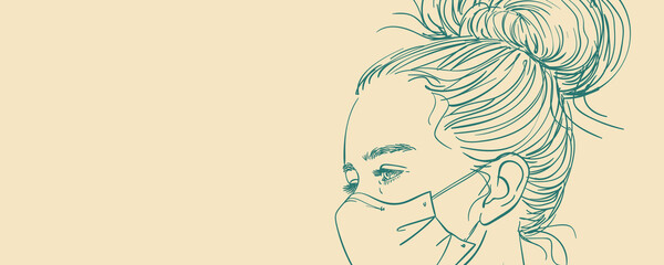 Sketch of teenage girl portrait in medical face mask and with long hair tied in stylish bun, Long panoramic banner with space for text, Vector hand drawn illustration