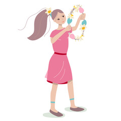Young girl holding Easter wreath in her hands. Festive illustration, can be used for spring and Easter design templates