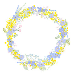Floral wreath with mimosa and blue flowers. Greeting template for festive cards, posters, Easter announcements.