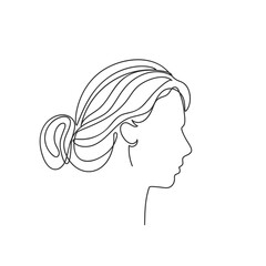 Abstract woman face in profile line art, Continuous one line drawing female illustration single line, Girl portrait long hair in bun, minimalist design contemporary art