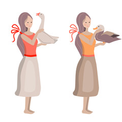 Young woman staying with goose in her hands. Cute person isolated on white background. Can be used as festive and Easter illlustration.