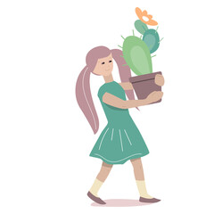 Young woman carries big cactus in flowerpot.  Person isolated on white background. Illustration can be used for planting and gardening