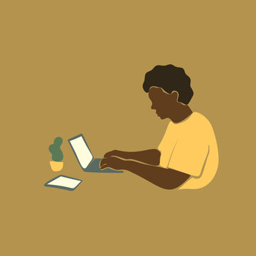 Abstract Portrait African Young Man Using Laptop, Afro Black Skin Man Working On Computer. Vector Illustration Contemporary Art Flat Design