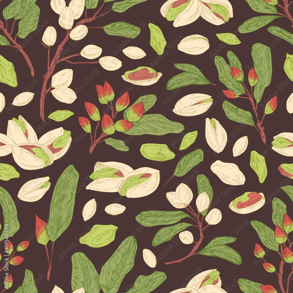 Aufkleber Seamless pistachio pattern with nuts, shells, branches and leaves. Endless texture with realistic pistaches on black background. Hand-drawn colored vector illustration for printing and decoration