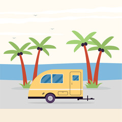 Camping trailer on sea beach a vector flat illustration.
