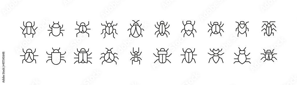 Poster editable vector pack of bug line icons.