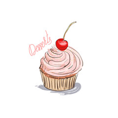 Muffin with Cherry Berry. Drawing Sketch Vector