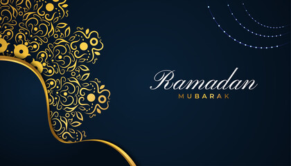Ramadan Mubarak Greeting Card or Banner with Golden Mandala in Blue Background