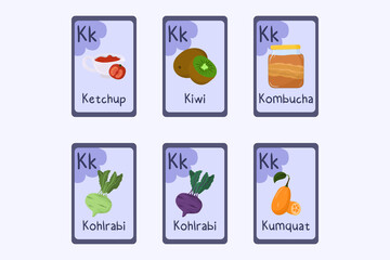 Colorful Phonics flashcard Letter K - ketchup, kiwi, kombucha, kohlrabi, kumquat. Food themed ABC cards for teaching reading with foods, vegetables, fruits and nuts. Series of ABC.