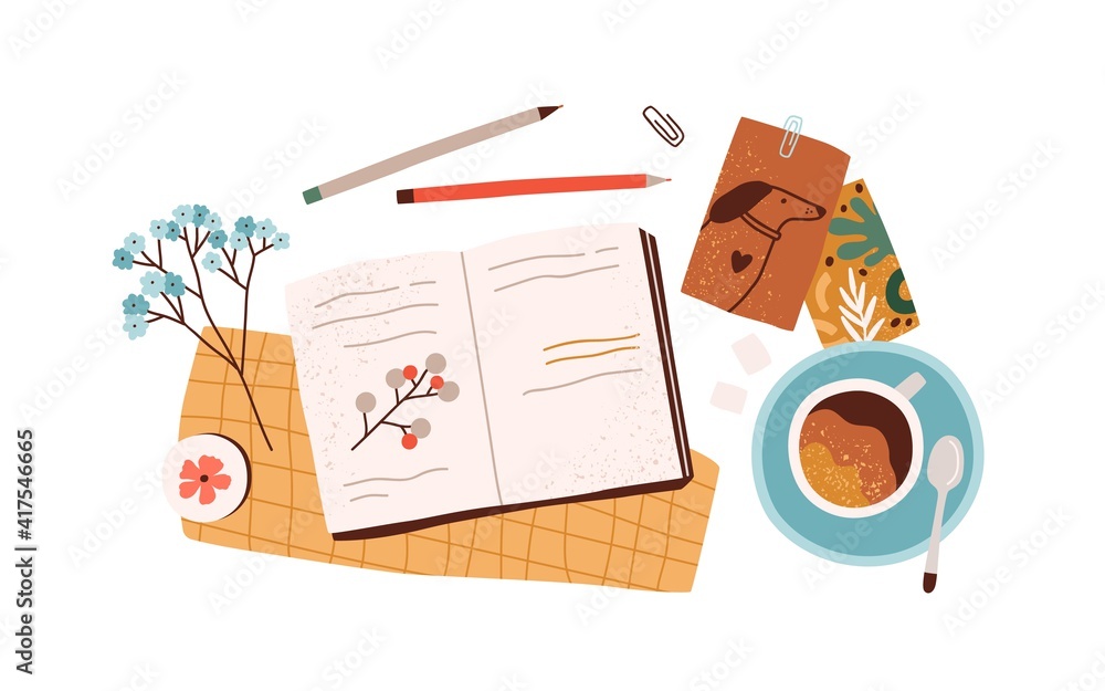 Poster top view of open notebook or diary with notes, postcards, greeting cards, pens and cup of coffee. pr