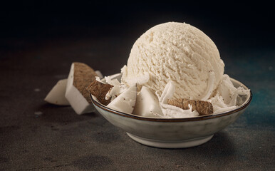 Delicious coconut ice cream ball served in bowl