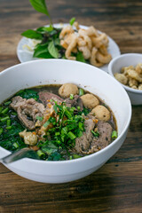 Thai style noodles on dark table background , Thai food concept