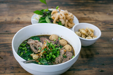 Thai style noodles on dark table background , Thai food concept