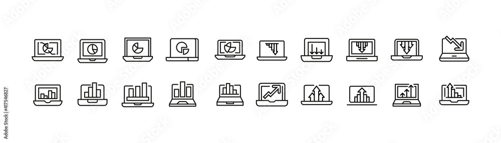 Poster simple line set of computer analysis icons.