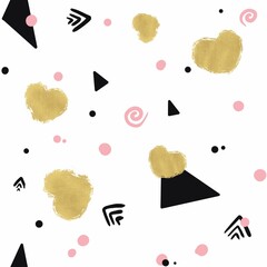 A seamless pattern with an abstraction of dots, triangles, arrows, and hearts. It is made in pink, gold and black colors on a white background.