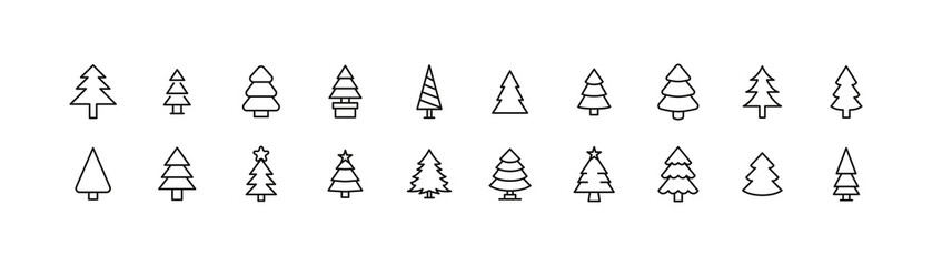 Editable vector pack of christmas tree line icons.