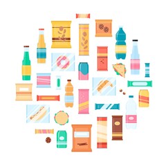 Snack food circle poster - vector illustration of cartoon junk food