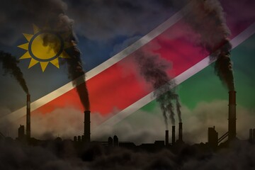 dense smoke of industry chimneys on Namibia flag - global warming concept, background with space for your content - industrial 3D illustration