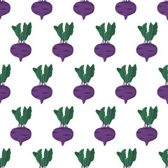 Cartoon seamless pattern for paper design with purple kohlrabi root with green leaf. Colorful background.