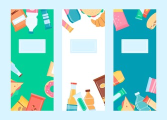 Set of banners with various drink and snack packs flat vector illustration.