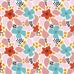 Abstract flower seamless pattern with geometric shapes, spots and tropic motifs. Repeat graphic print witn modern shapes and floral elements. Vector collage style illustration.