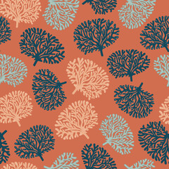 Vector cooper terracotta dark blue coral tree hand drawn seamless pattern print background.