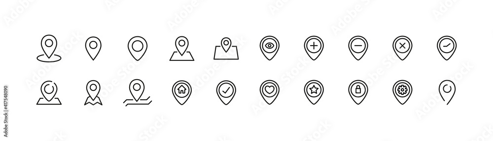 Poster set of simple map pin line icons.