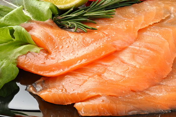 Salted salmon. The texture of red fish. Macro photography of