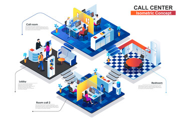 Naklejka na ściany i meble Call center interior isometric concept. People characters work at lobby, two call rooms, restrooms. Customer support at office, hotline, phone assistants scenes. Vector flat illustration in 3d design