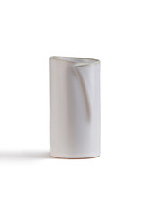 Subject shot of white ceramic vase with glazed surface. The cylindrical Scandinavian bowl with bevil neck is isolated on the white background. 