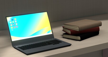 机の上のノートパソコンと本　3DCG　部屋