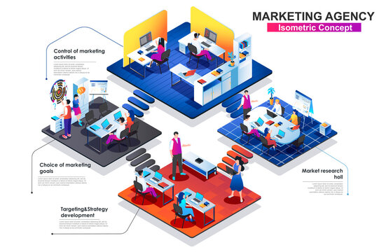 Marketing agency interior isometric concept. Scenes of market research, targeting, strategy develop, choice goals. People characters work at different department. Vector flat illustration in 3d design