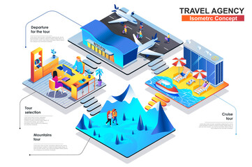 Travel agency isometric concept. Scenes of people characters choose tour, fly on trip, hiking in mountains or relaxing on cruise. Tourism and outdoor activities. Vector flat illustration in 3d design