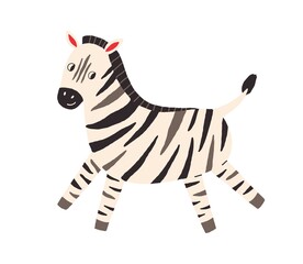 Fototapeta na wymiar Cute and funny zebra in Scandinavian style. African baby animal walking. Colored flat vector illustration isolated on white background