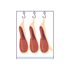 Raw meat carcass hanging on food factory rack, isolated