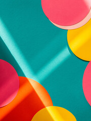 Background of colorful paper circles in memphis geometric style. Cut out circles styled layout with sun beams and shadows. Vivid abstract background or template