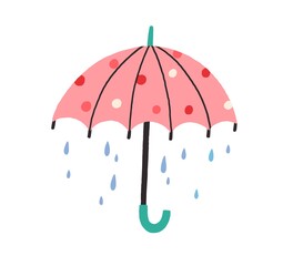 Cute umbrella with falling rain drops in doodle style. Kids colored flat vector illustration with raindrops isolated on white background © Good Studio