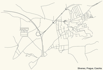 Black simple detailed street roads map on vintage beige background of the municipal district Slivenec cadastral area of Prague, Czech Republic