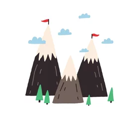 Papier Peint photo Lavable Chambre de bébé Montagnes scandinaves mignonnes avec de petits drapeaux sur des sommets de glace. Illustration vectorielle à plat de bébé de petites montures, de sapins et de nuages isolés sur fond blanc