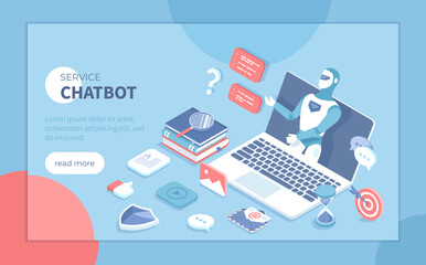Chatbot robot virtual communicate via laptop. Сhat bot application gives answers to questions. Dialog helping service. Online technology support. Isometric vector illustration for banner, website.