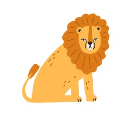 Cute funny lion with thick mane isolated on white background. Adorable baby animal. Childish character in Scandinavian style. Colored flat cartoon vector illustration