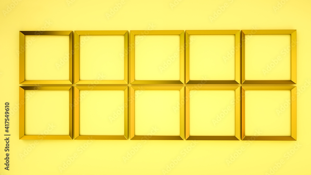 Poster golden rectangular frames on a yellow background. blank square frames for photos. 3d render illustra