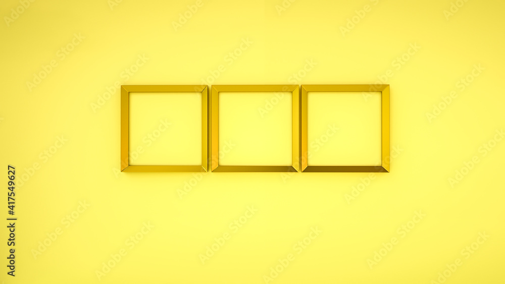 Poster golden rectangular frames on a yellow background. blank square frames for photos. 3d render illustra