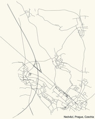 Black simple detailed street roads map on vintage beige background of the municipal district Nedvězí cadastral area of Prague, Czech Republic