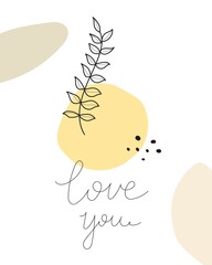 cartoon twig, hand drawing lettering, decor elements. Colorful vector illustration, flat style. design for cards, print, posters, logo, cover