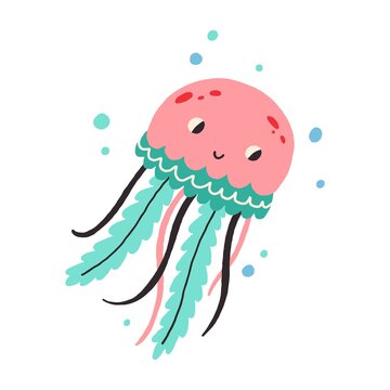 pink jellyfish swimming with bubbles clip art preview