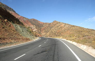 Pamir highway M41 international roa or pamirskij trakt. Panj river and Pamir mountains. Panj is upper part of Amu Darya river. Panoramic view.Tajikistan and Afghanistan border, Gorno-badakhshan region