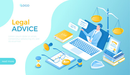 Legal Advice and Aid. Online services. A professional lawyer gives consultation through a laptop. Law and justice concept. Isometric vector illustration for website.
