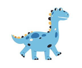 Cute baby dragon walking. Happy smiling dinosaur in Scandinavian style. Colored flat vector illustration of fairy child character isolated on white background