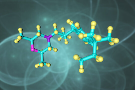 Molecular model of amorolfine, a morpholine antifungal drug that used to treat some types of fungal nail infections, of the toenail or fingernail. Scientific background. 3d illustration